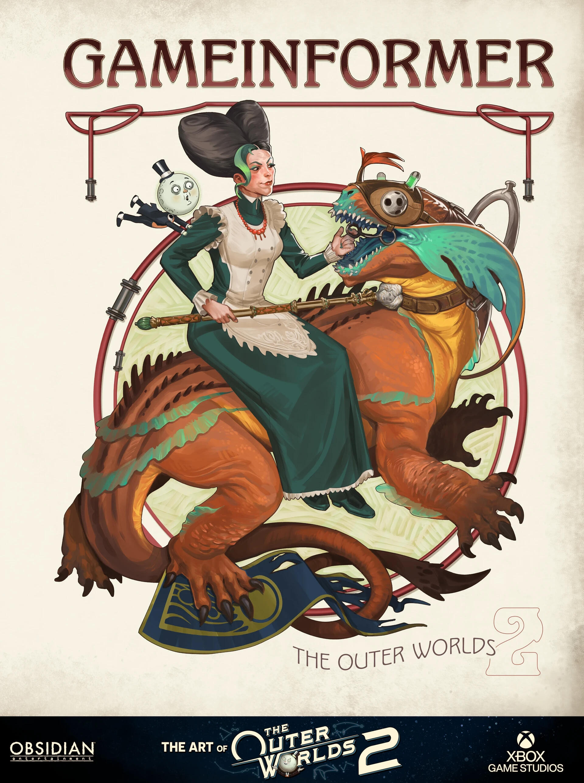 Game Informer cover illustration done for issue #372 to promote The Outer Worlds 2. The design was primarily inspired by Collier's poster covers and J. C. Leyendecker paintings. I painted the main image while Game Informer provided the text treatments.