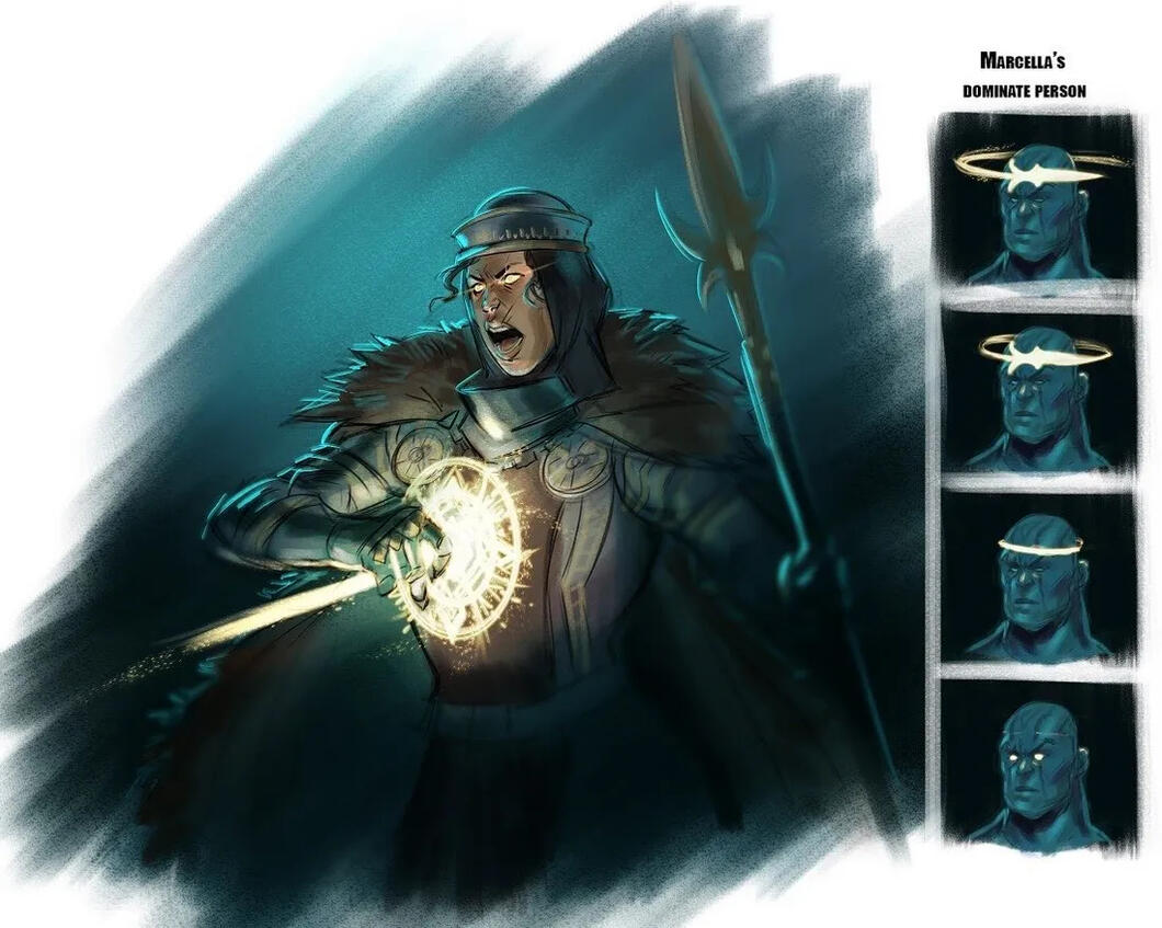 Another dnd character, Marcella the Order Cleric summoning her spiritual weapon.
