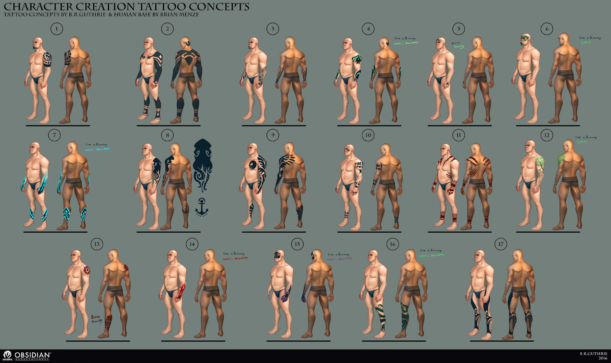 Character creation tattoo concepts. Base human figure by Brian Menze.